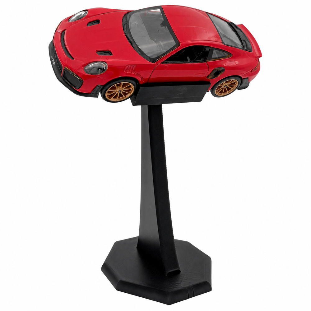 A red die-cast model sports car displayed on a black plastic stand against a plain white background.