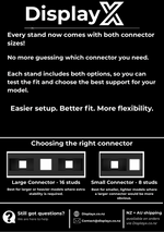 Advertisement for DisplayX stand connectors with text and small connector illustrations on a black background.