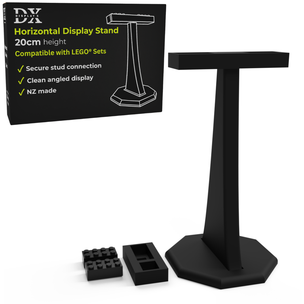 Black horizontal display stand with packaging and LEGO pieces on a white background